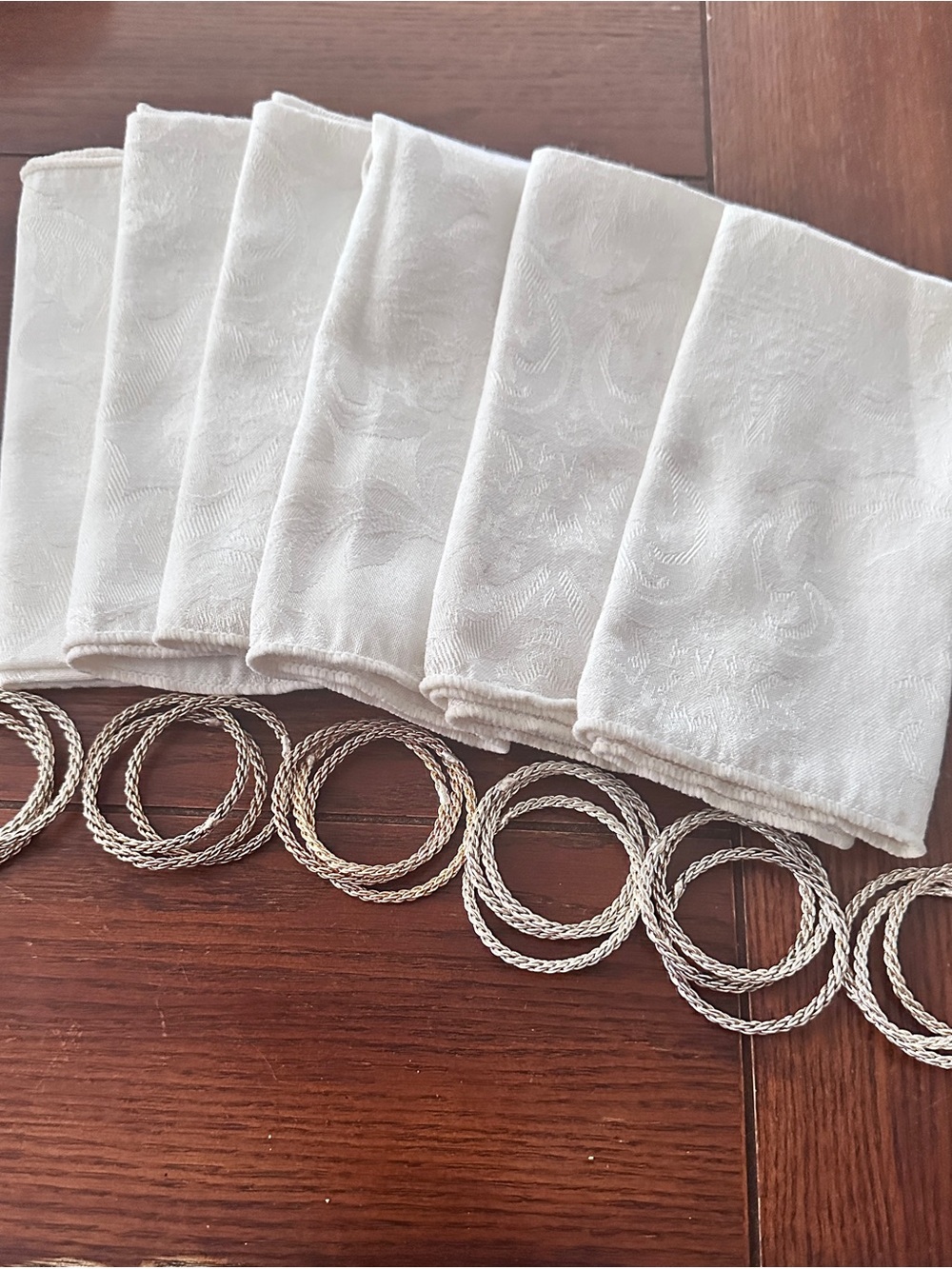 Damask Cream Cloth Napkins with Gold-Tone Braided Napkin Rings (Set)